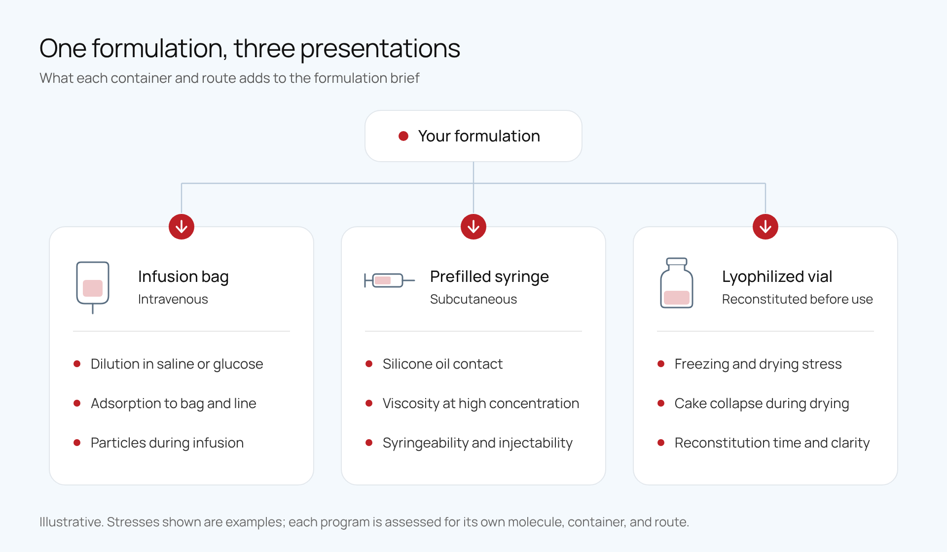 Diagram of one formulation in three presentations, an infusion bag, a prefilled syringe, and a lyophilized vial, listing the extra stresses each one adds to the formulation brief.